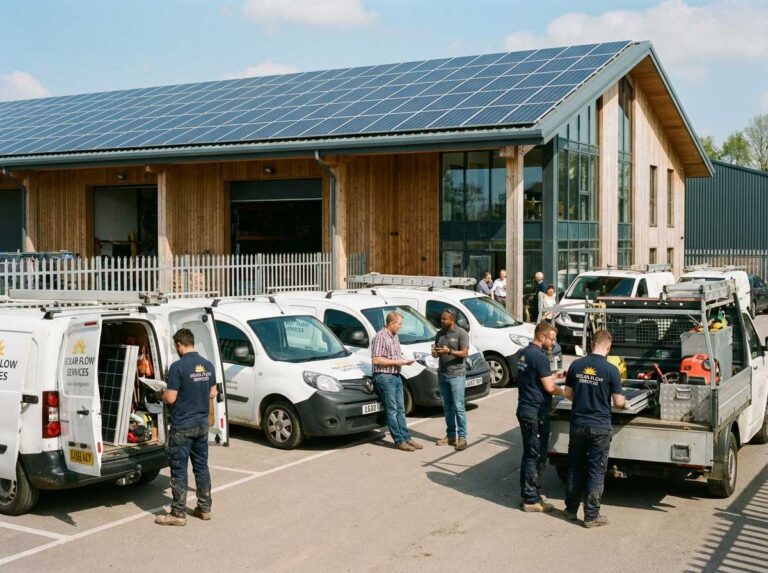 Équipe d'une société de services solaires devant ses véhicules