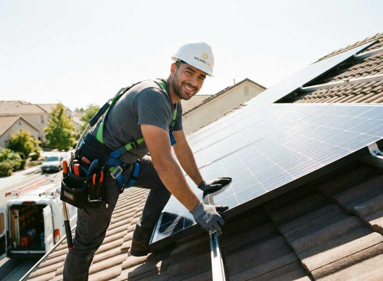 Installateur de panneaux solaires équipé sur une toiture